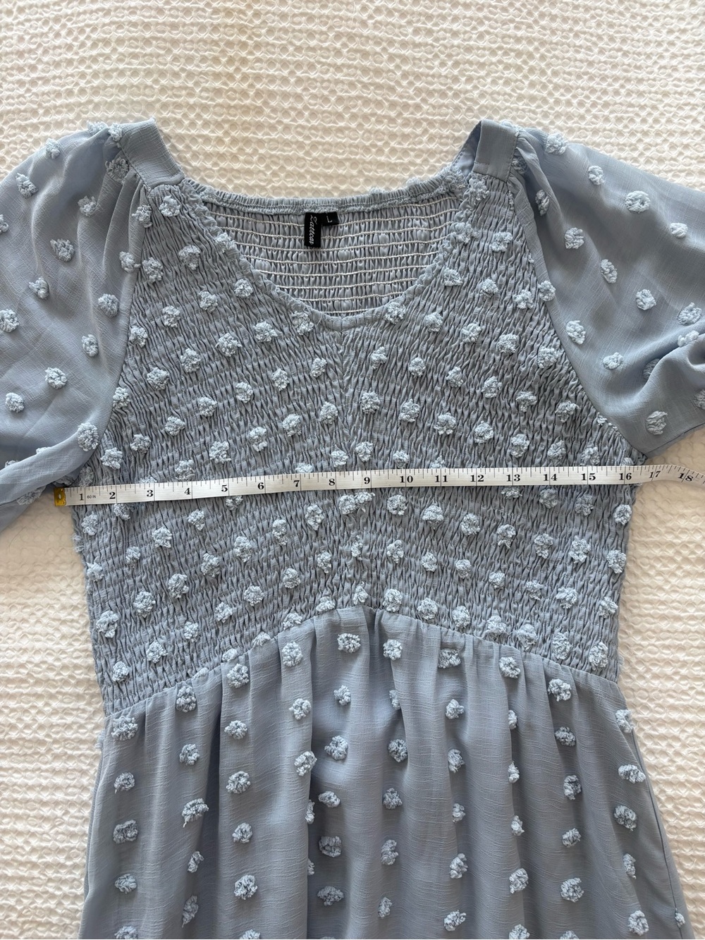 Blue Swiss Dot Smocked Babydoll Dress Cottagecore Mini Dress - L - Picture 8 of 9
